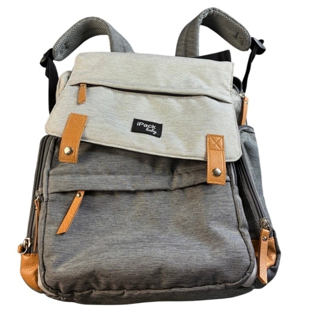 iPack Baby Diaper Bag Backpack Gray Heathered Insulated Pocket Wipes Dispenser